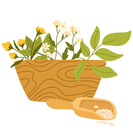 Healing herbs in mortar with pestle. Herbal and floral plants in wood bowl for grinding. Organic natural folk medicine from flower, leaf. Flat vector illustration isolated on white backgroundのイラスト素材
