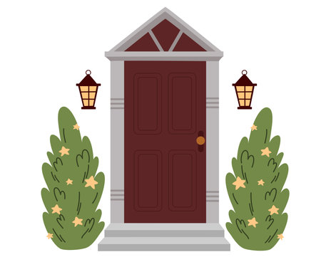 Christmas and New Year concept. Entrance door decorated for Christmas. Traditional Christmas home decoration, fir trees, lantern and mailbox. Vector illustrationのイラスト素材