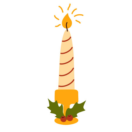 Pillar cylinder candle in candlestick, holder. Unlit wax pole, tall pillar in candle holder. Cozy home decoration, romantic decor. Flat vector illustration isolated on white backgroundのイラスト素材