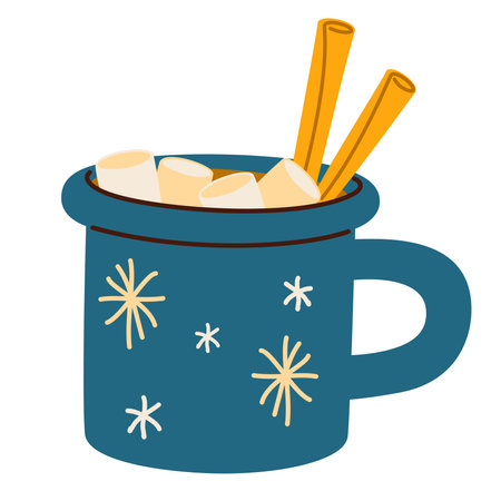 Cocoa with marshmallow in cup. Winter drink, hot chocolate in Christmas mug. Warm sweet Xmas cocoa, choco beverage with yummy candies and steam. Flat vector illustration isolated on white backgroundのイラスト素材
