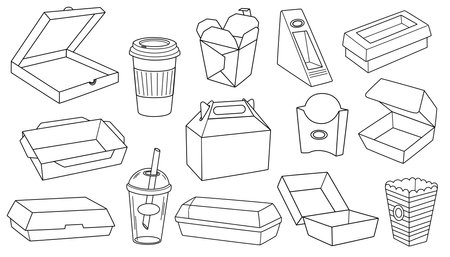 Cardboard food boxes outline set. Takeaway containers. Paper and plastic takeaway containers set. Empty snack packaging. Carton disposable, recyclable packs. Vector illustrations isolatedのイラスト素材