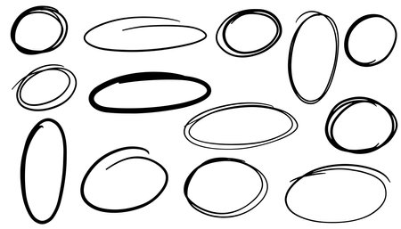 Hand drawn doodle circle highlights. Brush marker pen round ovals. Marker brush marker scribble line circle frame shape set. Scribble sketch round hand drawn vector illustrationのイラスト素材