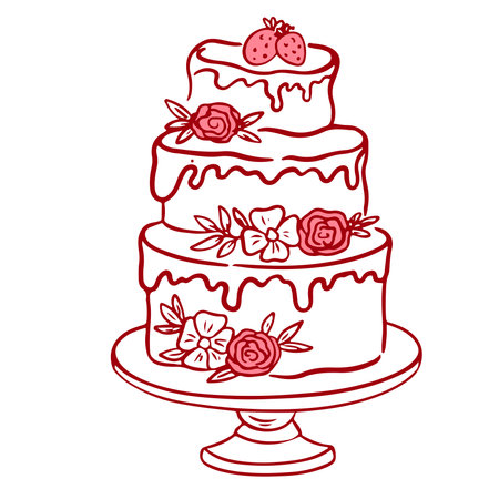 Coquette vintage cake with cherry, bows and ribbons. Hand draw cute girly vector illustration. Perfect for Valentines day, wedding invitation, birthday card.のイラスト素材