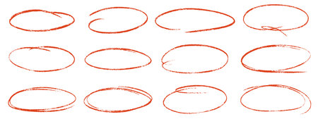 Red crayon ovals and circles set. Hand draw ellipses in red pencil doodle style for diagrams. Round marker freehand shapes, emphasis highlights rough thin frames. Vector illustration.のイラスト素材