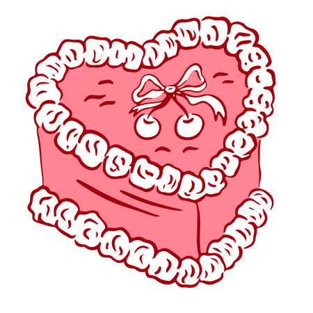 Coquette vintage cake with cherry, bows and ribbons. Hand draw cute girly vector illustration....