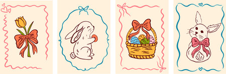 Vintage coquette greeting cards for Easter day. Hand drawn whimsical frames with bows and ribbons. Cute bunnies, flowers and basket and eggs. Hand drawn girly decoration. Whimsical vector illustrationのイラスト素材
