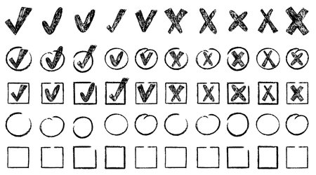 Check marks doodle set. Vote, yes, no, checkbox, checklist, tick and cross signs, v and x drawn concept. Hand drawn crayon sketch style vector illustrationのイラスト素材