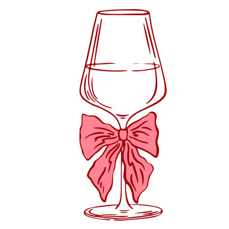 Coquette cocktail wine with bow. Hand drawn outline illustration of cocktail drink. Decoration bachelorette party elements for wedding invitations. Line art vector doodle bar elementのイラスト素材