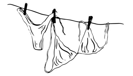 Drying swimsuit hanging on a rope. Bra and panties underwear laundry on the clothesline, summer beach bikini linocut doodle. Italian summer vacation doodle style illustrations.のイラスト素材