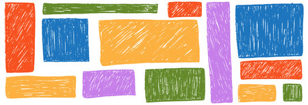 Crayon square and rectangle text boxes. Childish frames, rough texture banners. Kid drawn basic geometric shapes. Vector hand drawn crayon colored grunge brush rectangle border. Memo stickers, notesのイラスト素材