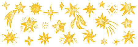 Gold crayon drawn stars set. Set of doodle sparkles and sparkles. Hand drawn star firework, magic blinking stars, charcoal cosmic motif, texture. Vector children style yellow wax pencil elements.のイラスト素材
