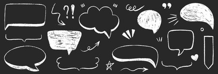 Crayon speech bubbles doodle set. Hand drawn chalk pencil communication frame, comic talk balloon in sketch style. Children pencil dialog balloon doodle text cloud. Vector illustrationsのイラスト素材