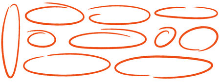 Hand drawn red crayon ovals and circles. Ellipses pencil doodle style set. Red round rough thin frames. Round freehand shapes, emphasis highlights. Vector ink illustration on the white backgroundのイラスト素材