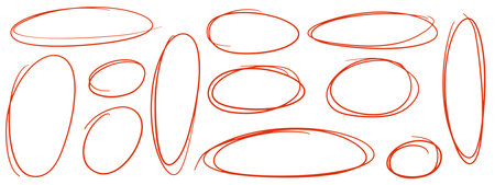 Hand drawn red crayon ovals and circles. Ellipses pencil doodle style set. Red round rough thin frames. Round freehand shapes, emphasis highlights. Vector ink illustration. Rough crayon circles.のイラスト素材