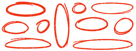 Hand drawn red crayon ovals and circles. Ellipses pencil doodle style set. Red round rough thin frames. Round freehand shapes, emphasis highlights. Vector ink illustration on the white backgroundのイラスト素材