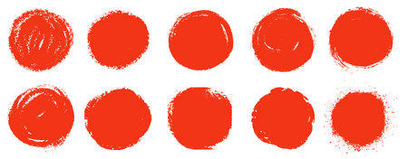 Red brush sun rough. Brush hand drawn textured round shapes. Rough red Japanese flag. Circle shape ink brush stroke texture. Sponge stamp grungy red ink blobs, splashes. Vector illustrationのイラスト素材