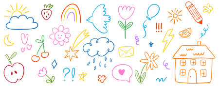 Crayon cute kid doodle set. Hand drawn outline scribble cloud, star, house, flower, sun, heart shapes, sun, bird, children elements in sketch style. Vector illustration isolated on white backgroundのイラスト素材