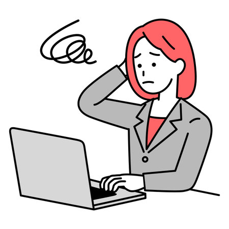 Woman in suit working on laptop looking troubledのイラスト素材