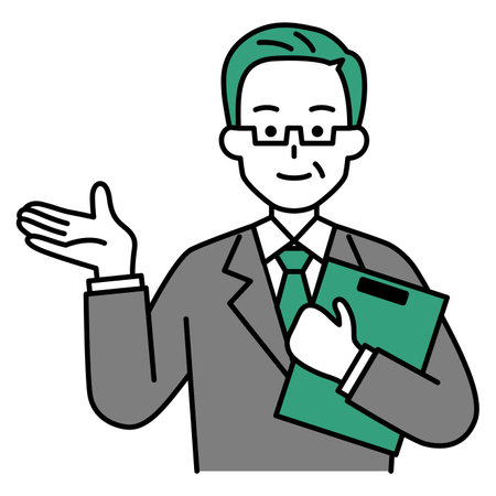 Elderly man in suit holding clipboard explainingのイラスト素材