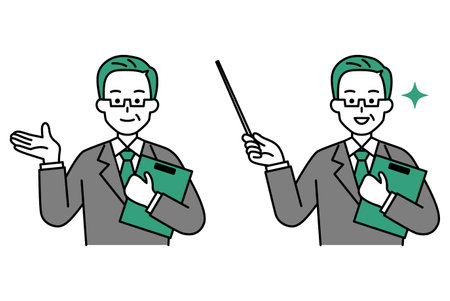 Elderly suit man holding clipboard explaining setのイラスト素材