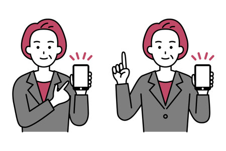Elderly woman in suit holding smartphone explaining setのイラスト素材