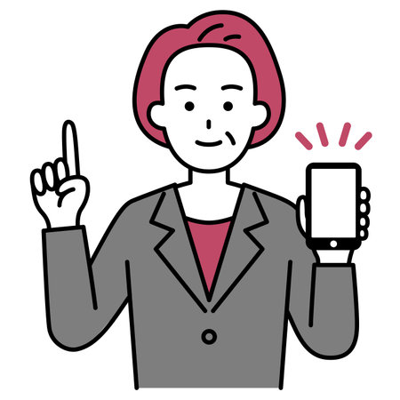 Woman in an elderly suit holding a smartphone explainingのイラスト素材