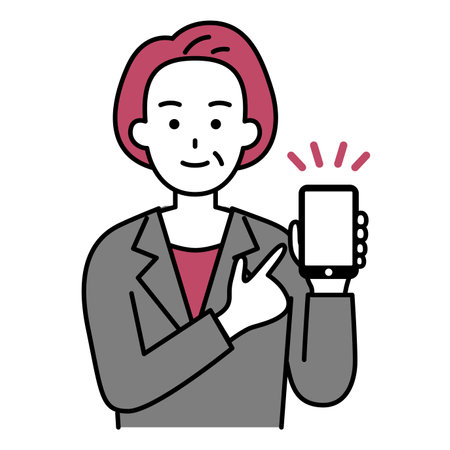 Woman in an elderly suit pointing at smartphone screenのイラスト素材