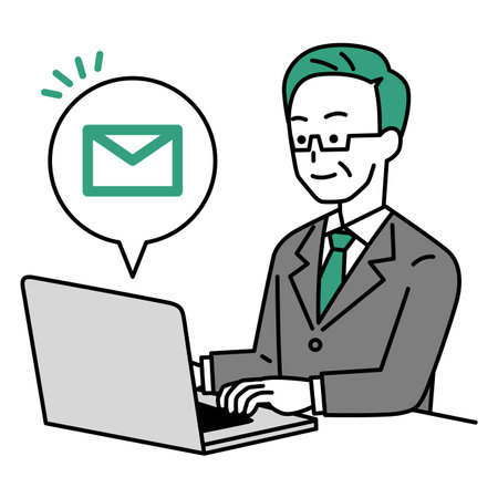 Elderly man in suit working on laptop receiving emailのイラスト素材