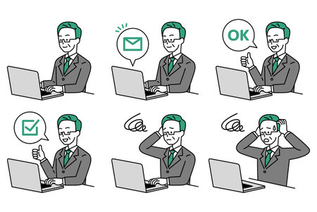 Elderly suit man working on laptop setのイラスト素材