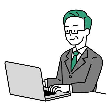 Elderly man in suit working on laptopのイラスト素材