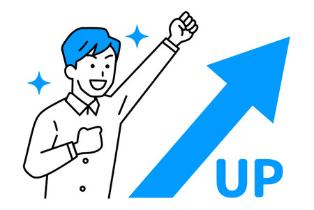 Casual man rejoicing with stretching arrows and guts poseのイラスト素材