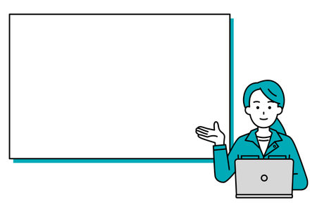 Female worker working on laptop explaining on whiteboardのイラスト素材