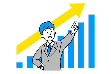 Growing graph and man in suit pointing into the distanceのイラスト素材