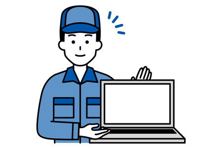 Man in coveralls showing laptop screenのイラスト素材