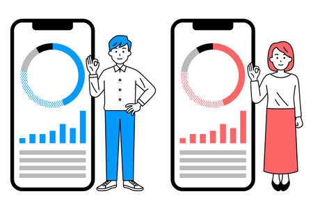 Casual set of men and women introducing asset management with a large smartphoneのイラスト素材