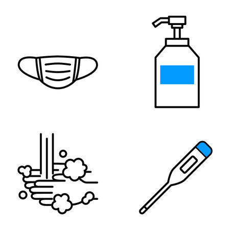 Icons for four infection prevention measures (mask, disinfectant, hand washing, temperature check)のイラスト素材