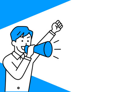 Casual man cheering with megaphone and copy spaceのイラスト素材