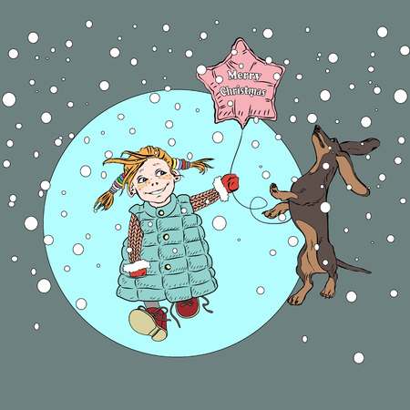Little girl with dog and balloon Merry Christmas walks under the snowのイラスト素材
