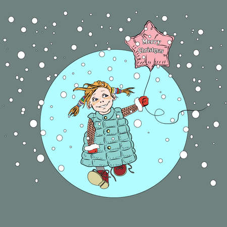 Little girl with balloon Merry Christmas walks under the snowのイラスト素材