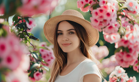 Beautiful young woman in hat looking at camera in blooming gardenの素材