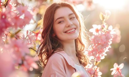 Portrait of a beautiful young woman in a blooming spring gardenの素材