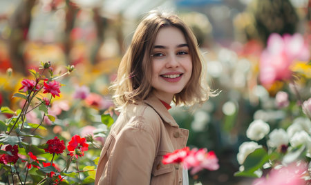 Portrait of a beautiful girl with red flowers in the park.の素材