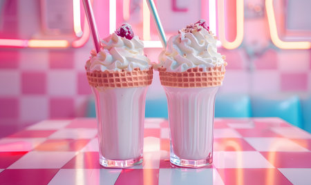 Ice cream in a waffle cone on the background of neon lights.の素材