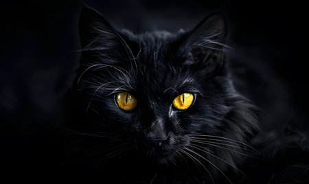 Portrait of a black cat with yellow eyes on a black backgroundの素材
