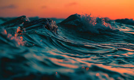 Sea wave with splashes and drops of water at sunset, close-upの素材
