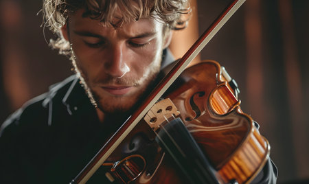Close-up portrait of a young man playing the violin at homeの素材