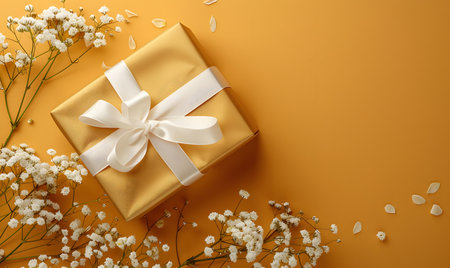 Gift box with white ribbon and gypsophila flowers on orange backgroundの素材
