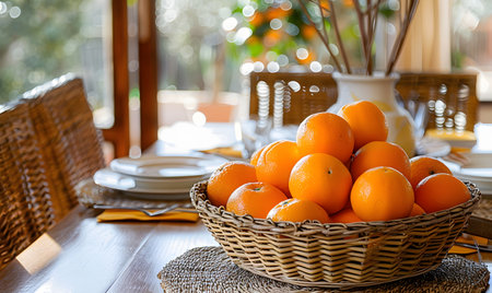 Oranges in a wicker basket on a wooden table in a restaurantの素材