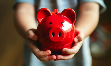 Child holding a red piggy bank in his hands. Saving money conceptの素材