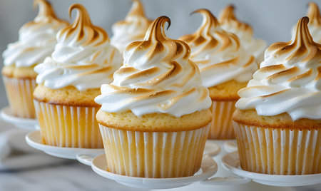 Cupcakes with white frosting and whipped cream on top.の素材